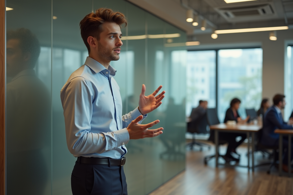 Jeune homme expliquant ses qualités devant un bureau moderne