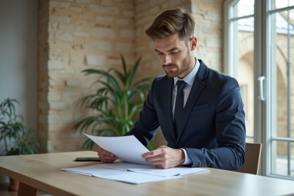 Jeune homme en costume bleu dans un bureau moderne