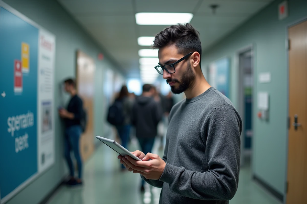 Jeune homme avec tablette dans un couloir universitaire