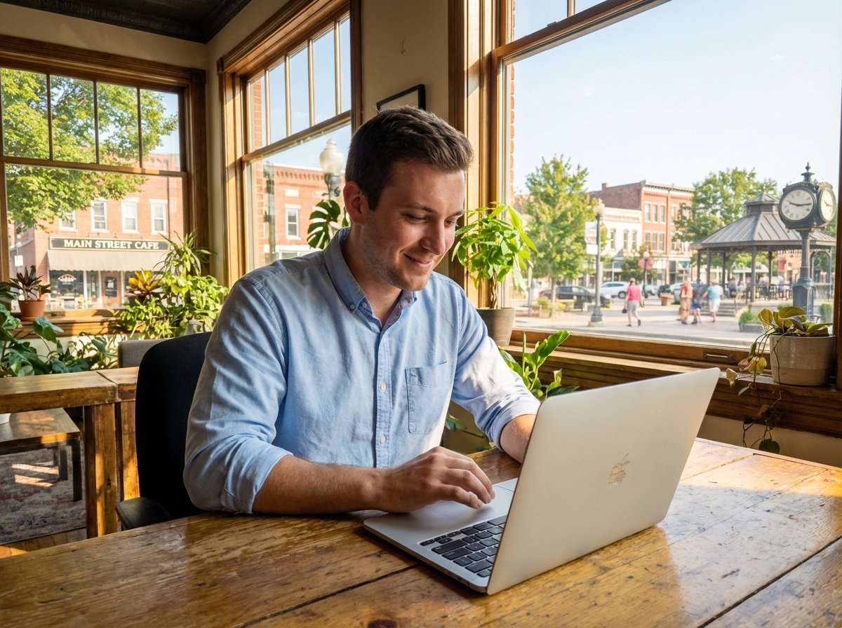 Jeune homme au bureau dans un espace de coworking ensoleille