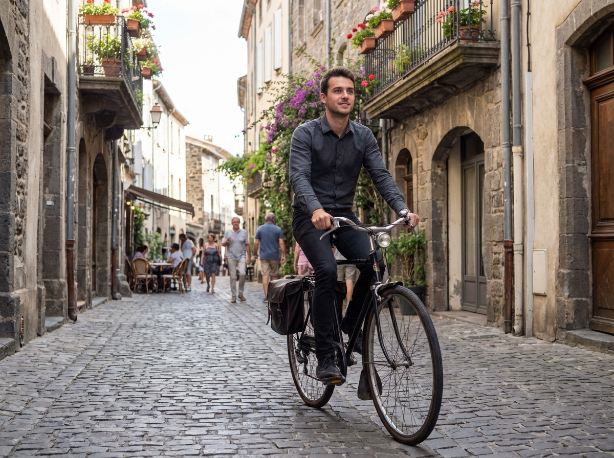 Jeune homme à vélo dans une rue pavée historique