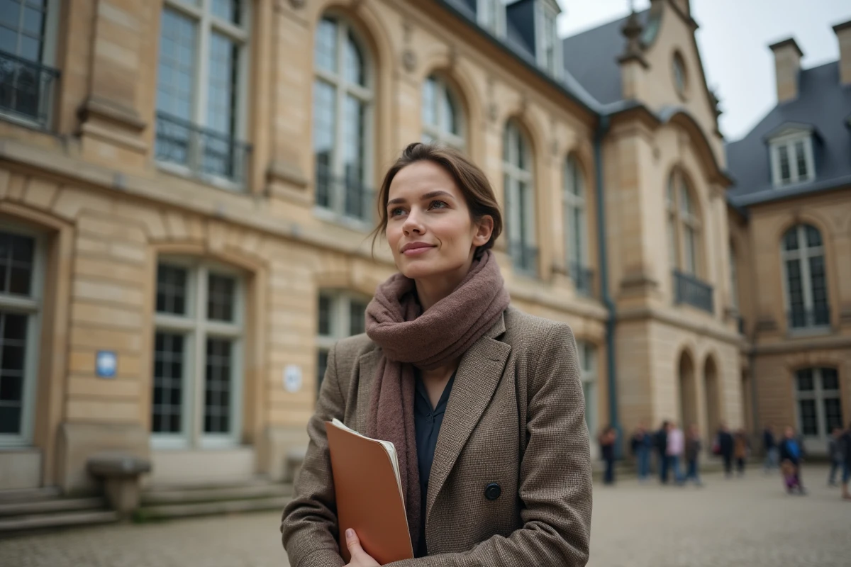 Jeune enseignante devant une &eacute;cole fran&ccedil;aise classique