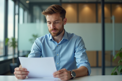 Jeune homme professionnel examine un contrat de salaire dans un bureau moderne