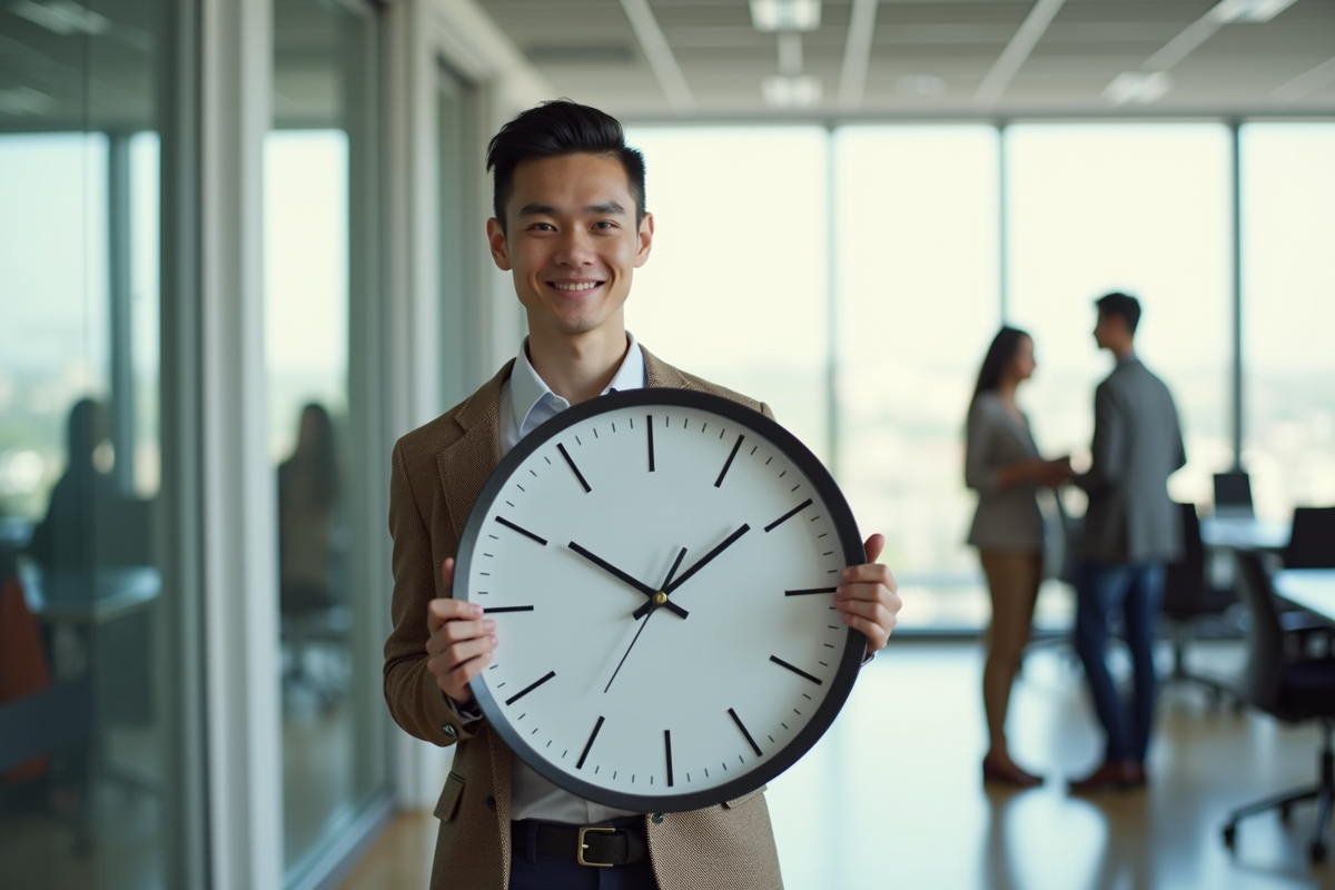 Jeune professionnel tenant une horloge dans un bureau lumineux