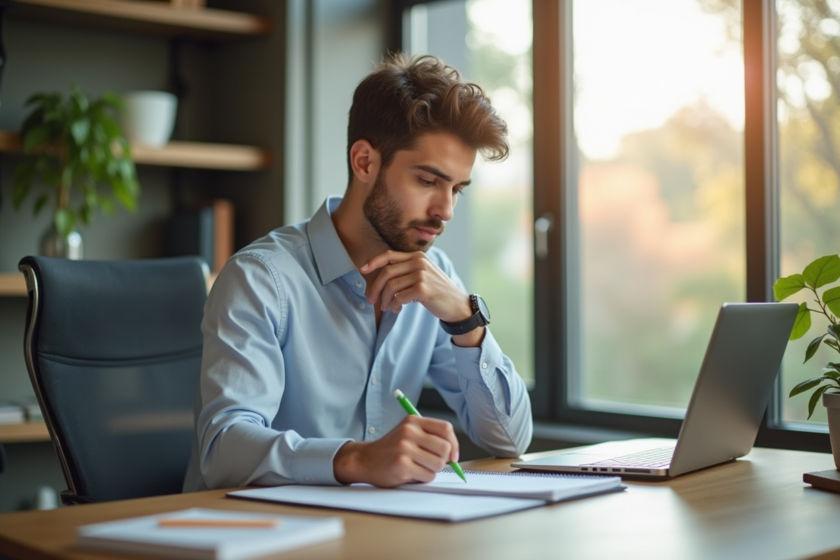 Jeune professionnel travaillant sur son CV avec un ordinateur lumineux