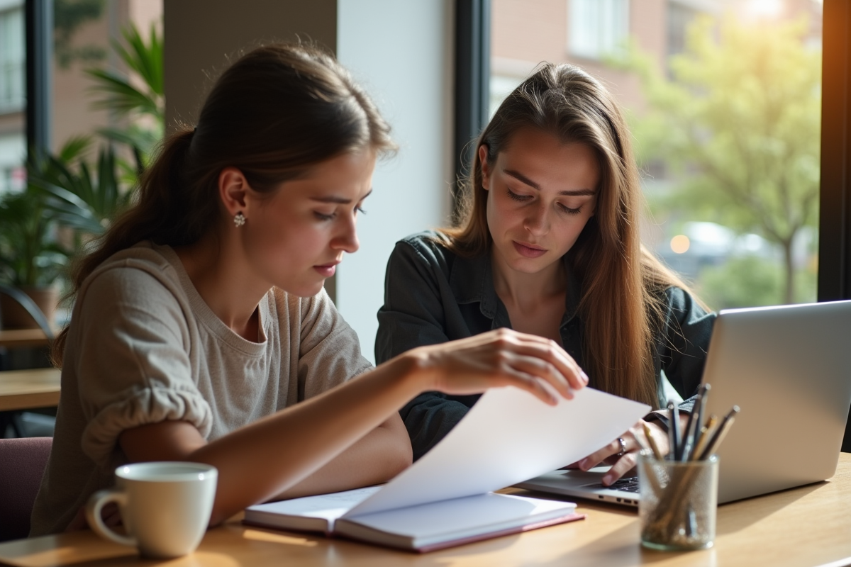 Jeunes adultes discutant à un café ensoleille avec documents et ordinateur