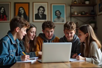 Groupe d adolescents chantant autour d'une table avec un laptop affichant des paroles en espagnol