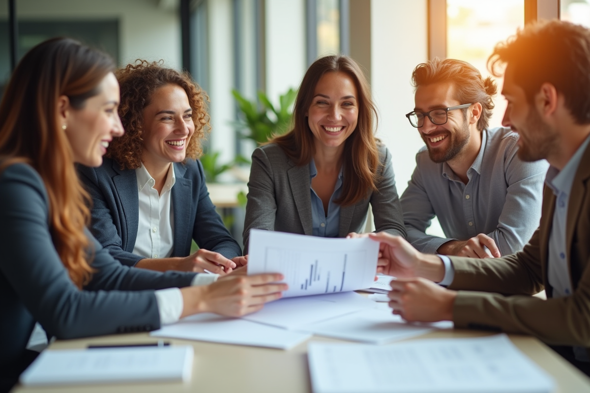Groupe de jeunes professionnels discutant de CV imprimés en réunion