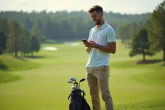 Jeune homme souriant sur un parcours de golf avec smartphone