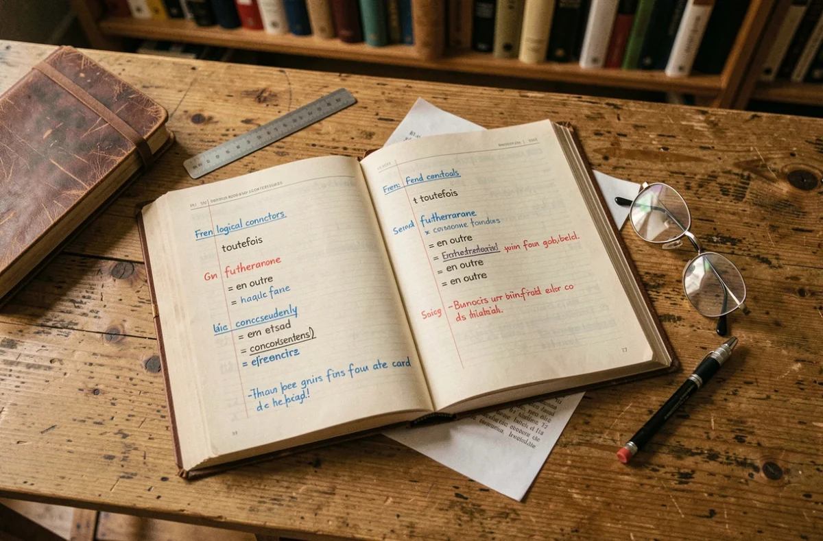 Livre académique ouvert montrant une liste comparée de connecteurs logiques en français et en anglais avec des annotations manuscrites