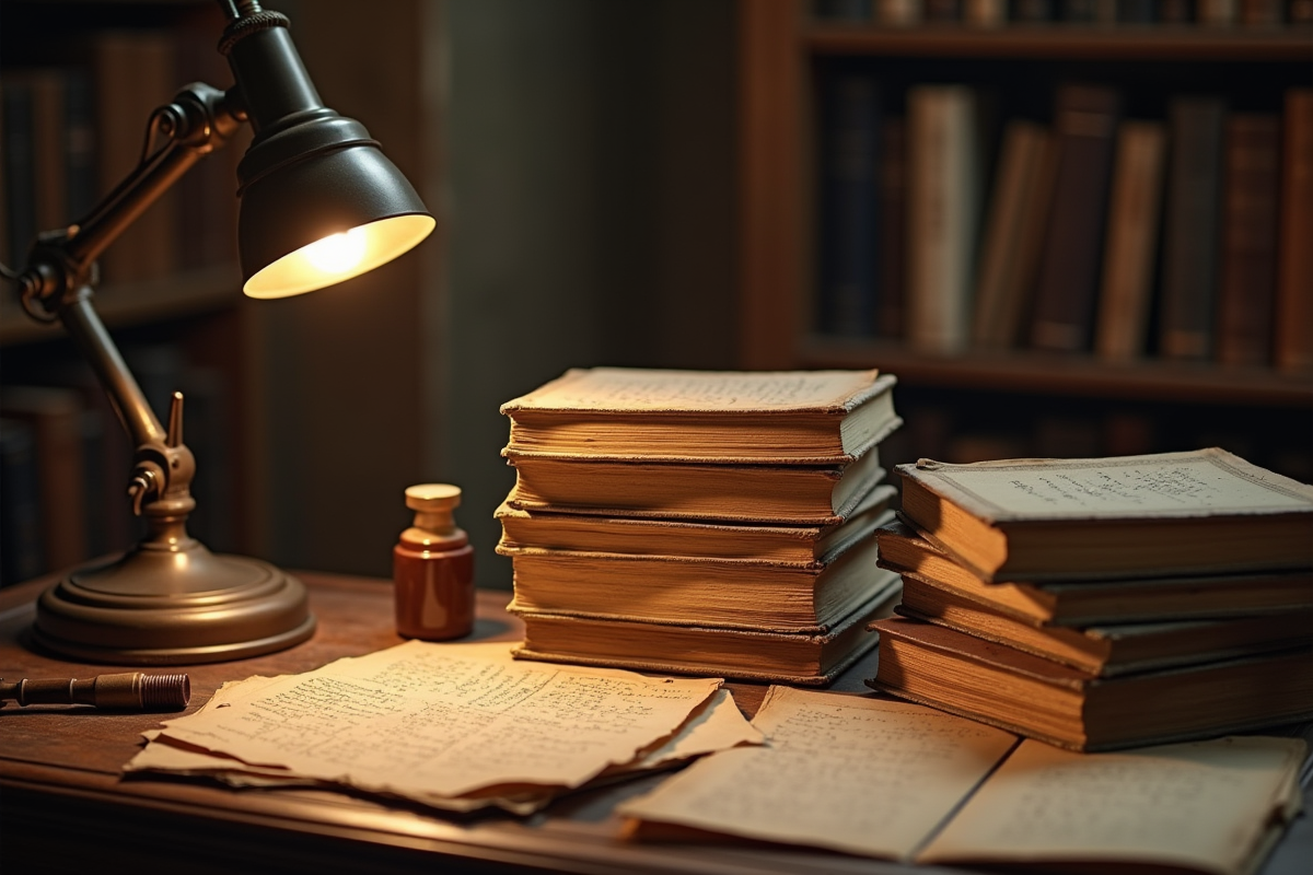 Pile de livres anciens notes et lampe sur bureau en sepia