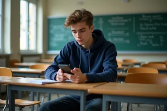 Lycéen consultant son emploi du temps sur l'application PSN Mon Lycée depuis son smartphone en classe