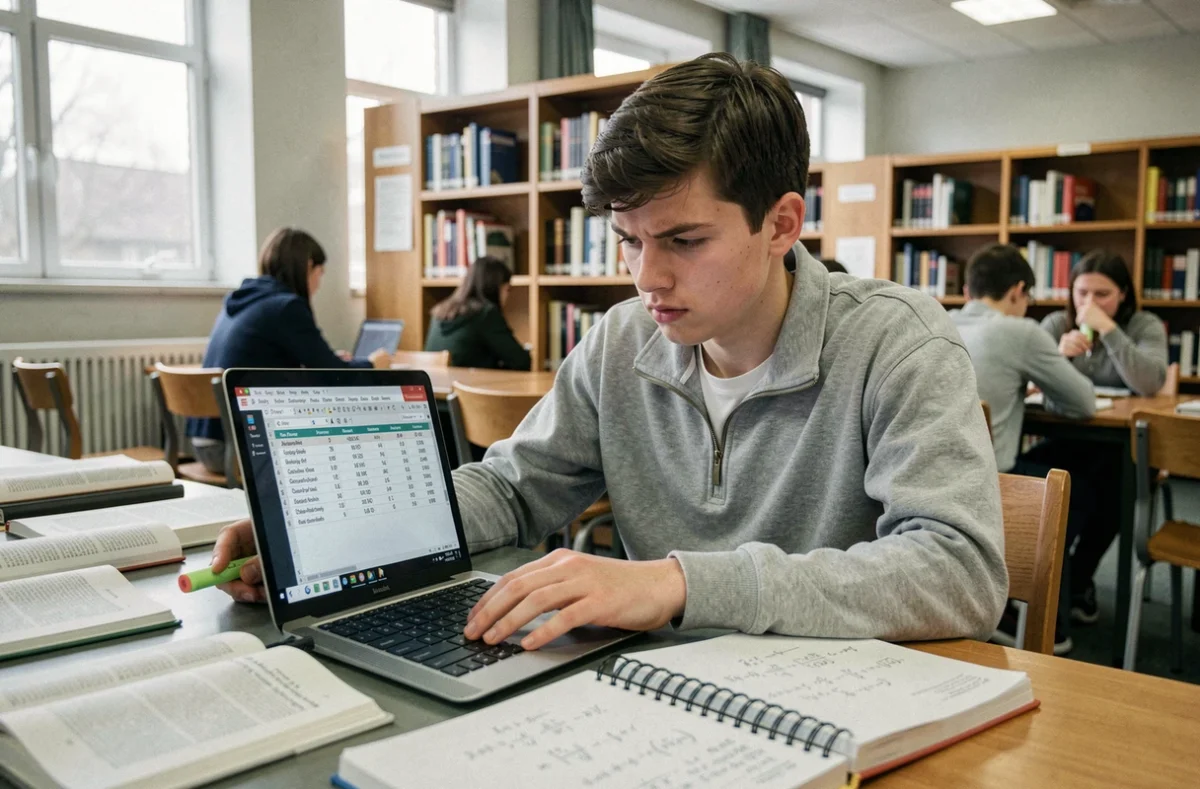 Lycéen consultant un tableau de coefficients bac S sur son ordinateur portable en bibliothèque
