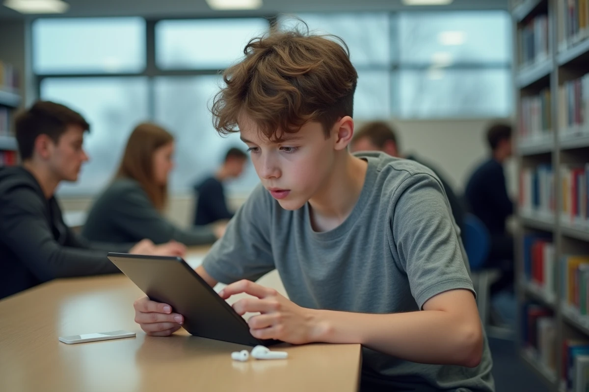 Lycéen utilisant une tablette pour accéder aux ressources en ligne de révision du bac dans une bibliothèque municipale moderne