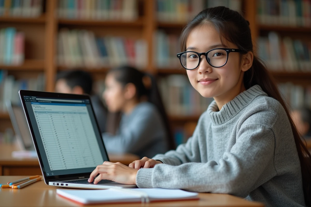 Lycéenne consultant ses notes sur un portail scolaire numérique depuis un ordinateur portable en bibliothèque