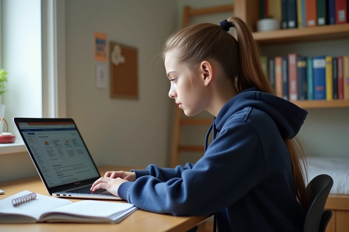 Lycéenne révisant le baccalauréat sur la plateforme Monlycée PSN depuis son bureau à domicile, entourée de manuels scolaires et d'un cahier de notes