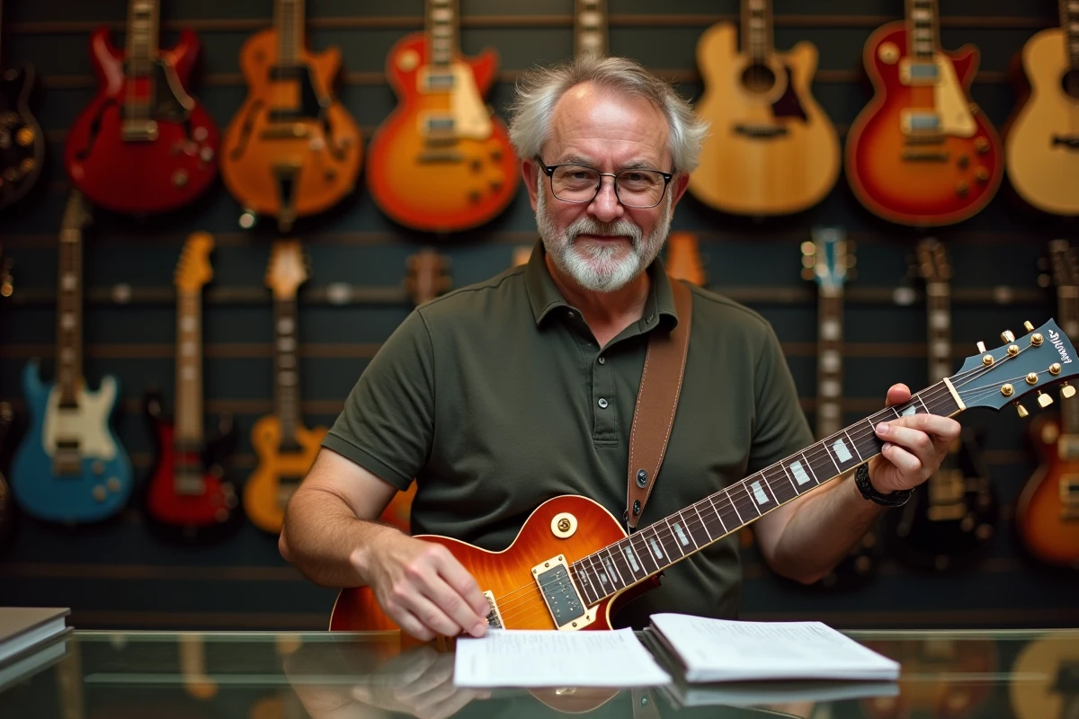 Vendeur de guitare en magasin de musique montrant une tablature imprimée de Let It Be sur un comptoir vitré entouré de guitares