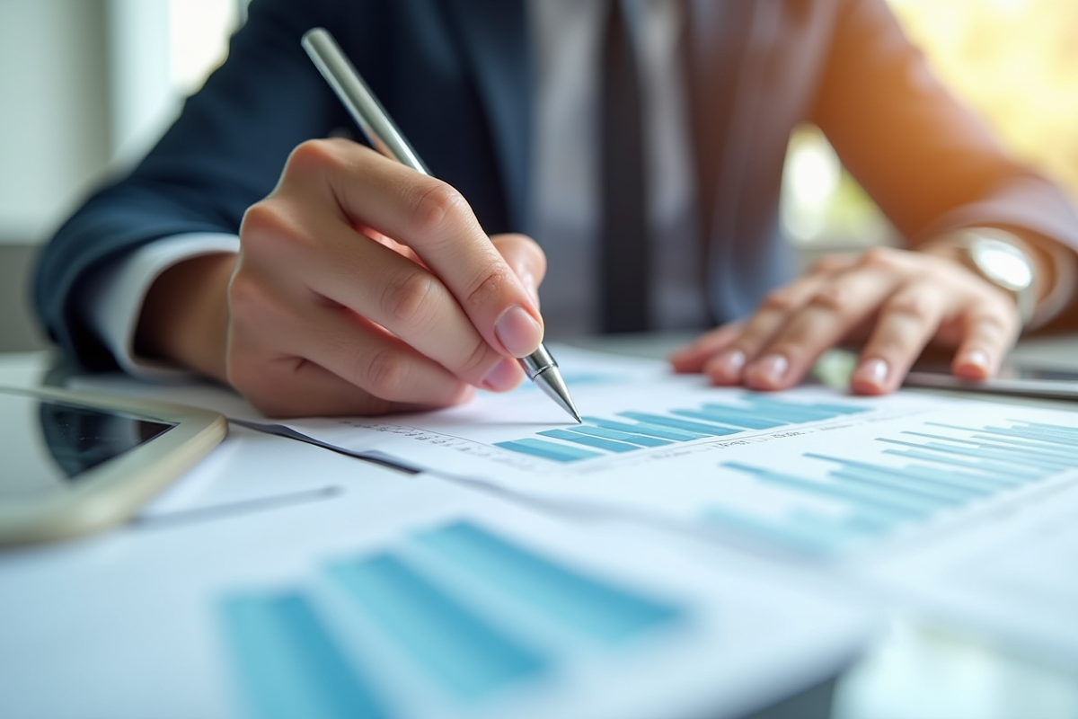 Mains manipulant des documents financiers et graphiques en bureau lumineux