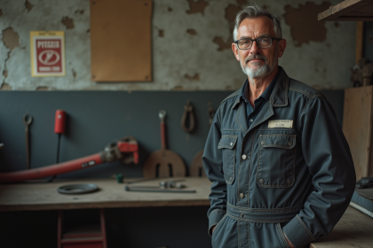 Homme mécanicien en atelier auto modeste et usé