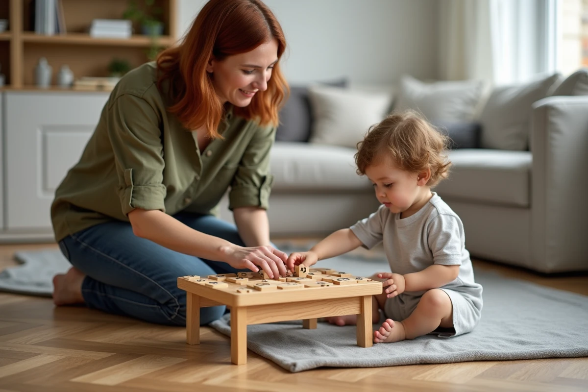 Mère aidant son enfant à apprendre les tables de multiplication avec un jeu pédagogique Montessori