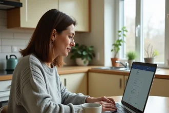 Mère d'étudiant consultant l'ENT IUT Tours sur un ordinateur portable à la maison