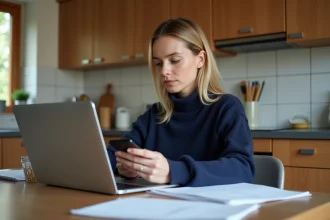 Mère de famille consultant le portail Edu Normandie sur son ordinateur portable à la maison