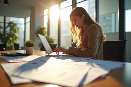 Professionnel mettant à jour son CV sur un ordinateur dans un bureau lumineux