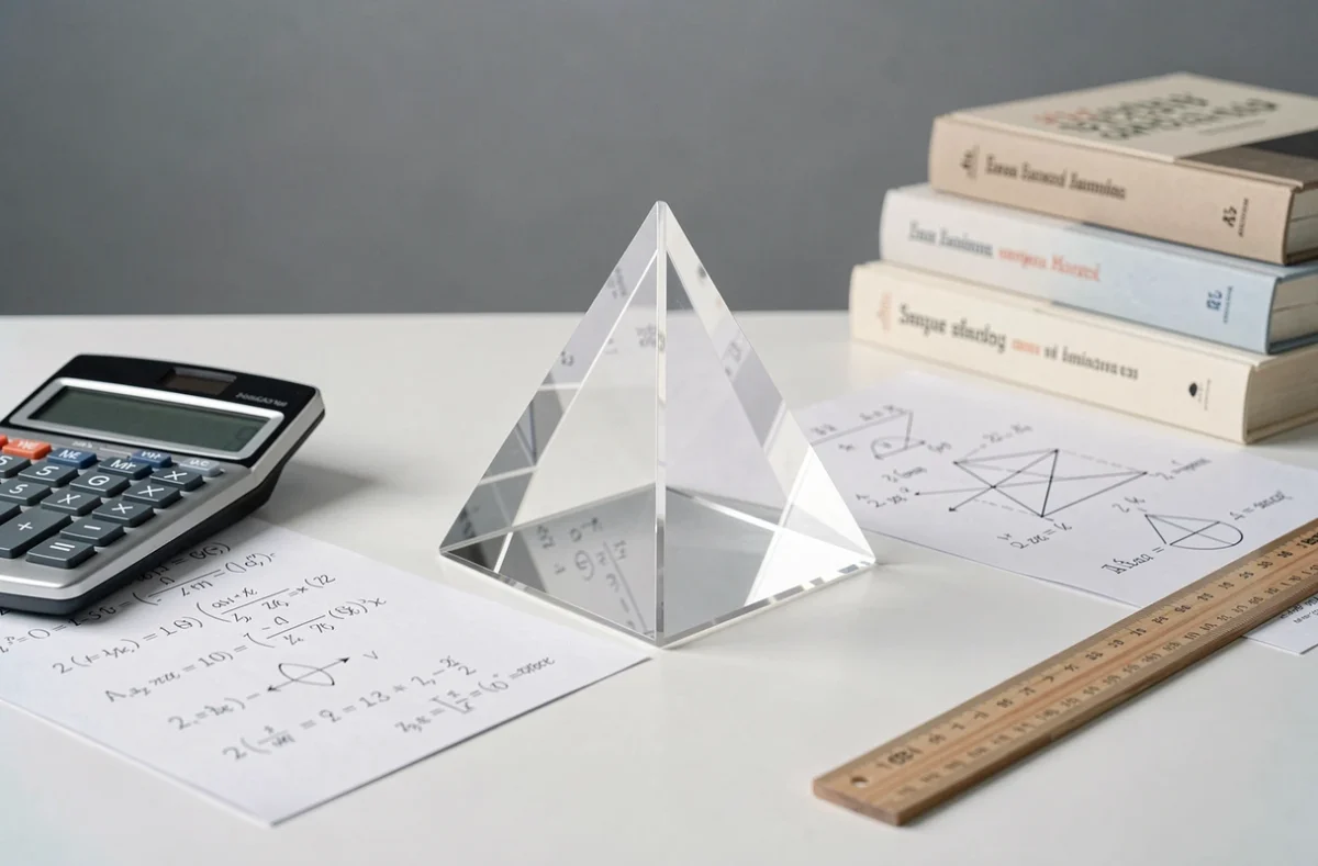 Modèle 3D en acrylique d'une pyramide à base triangulaire posé sur un bureau avec calculatrice et formules de géométrie