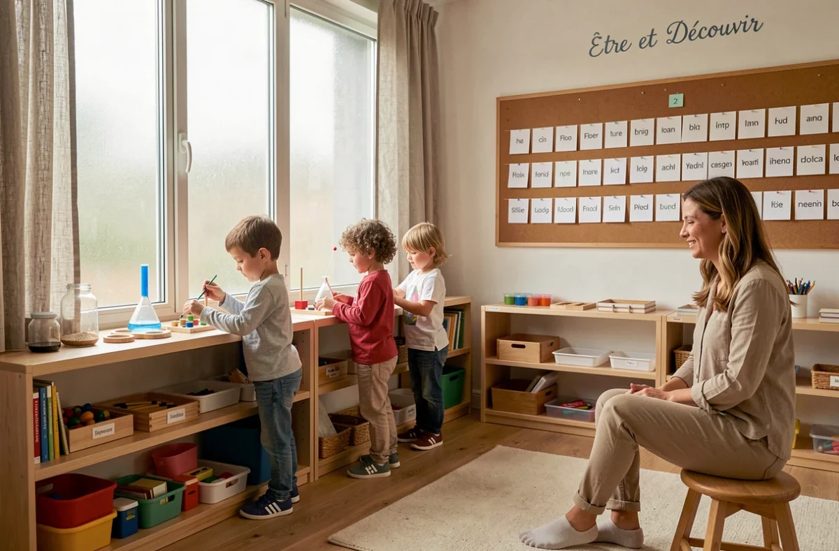 Classe Montessori bilingue Être et Découvrir à La Celle-Saint-Cloud avec des enfants explorant des matériaux pédagogiques en bois