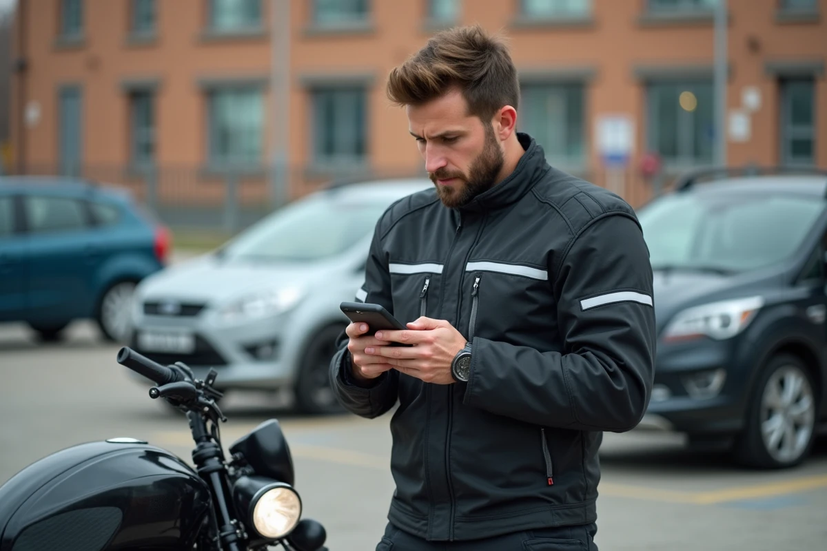 Motard consultant une application de révision du code de la route ETM sur son smartphone à côté de sa moto en milieu urbain