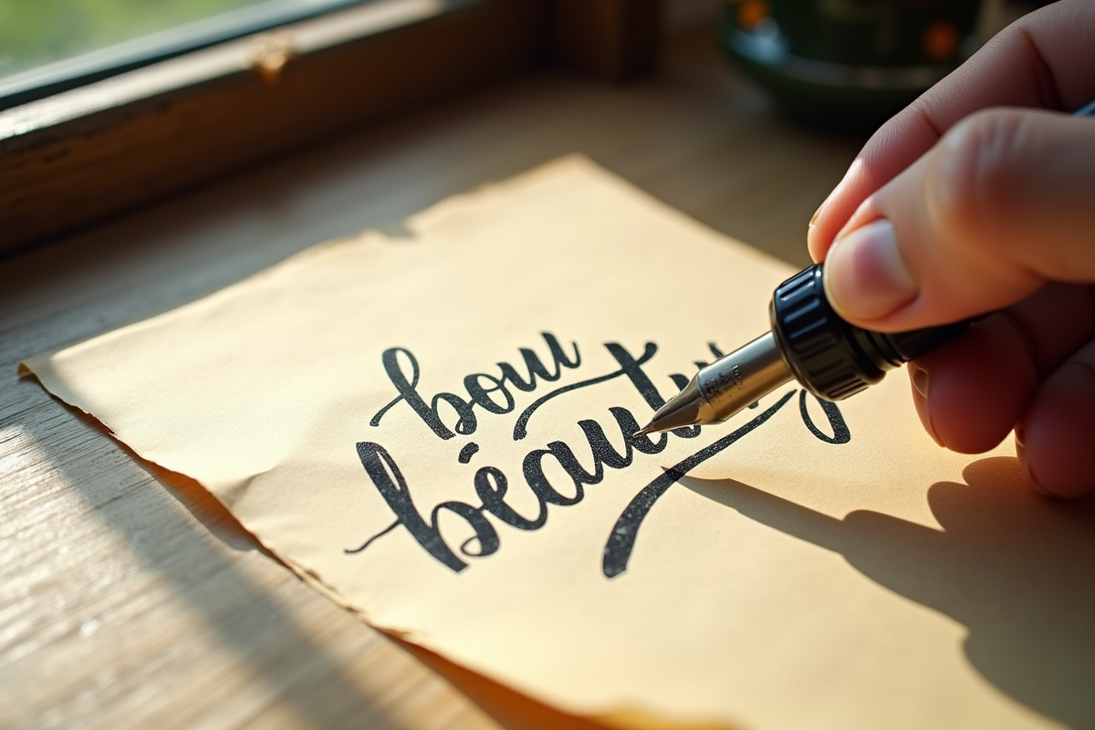 Mots français écrits à la main sur papier texturé avec stylo vintage