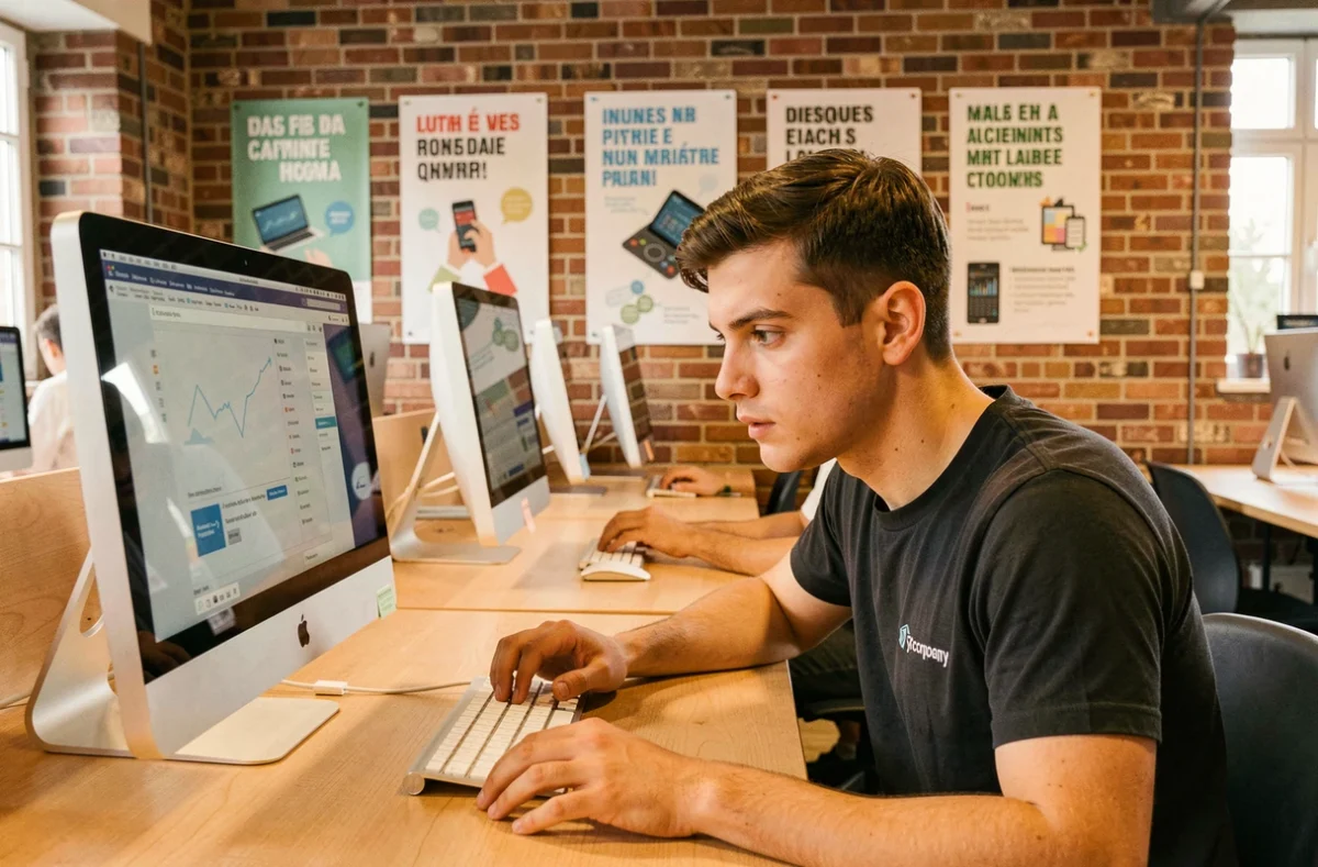 Étudiant en développement web travaillant sur un iMac dans une salle de cours de la Normandie Web School