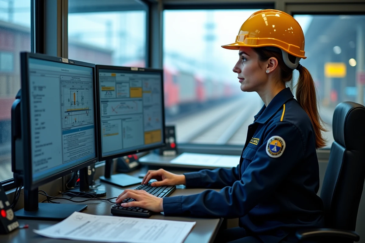 Professionnelle du fret ferroviaire au poste de contrôle surveillant le suivi des wagons