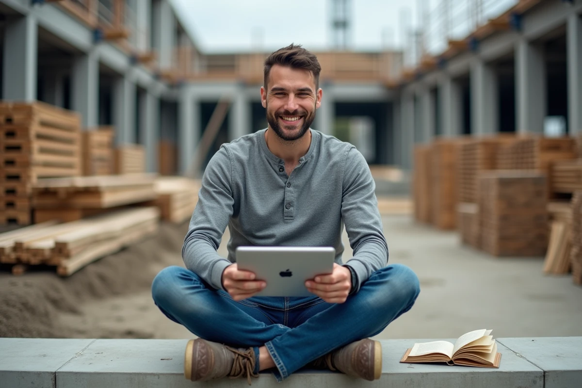 Ouvrier du b&acirc;timent consultant une formation en ligne sur tablette lors d'une pause sur chantier, comparant les options de formation disponibles