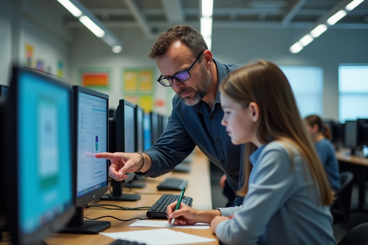 Père et fille dans un laboratoire scolaire avec ordinateur