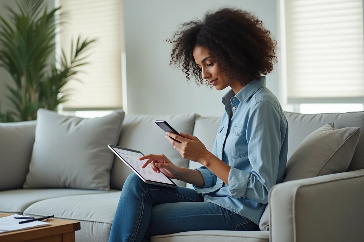 Mère séparée recevant une notification scolaire ENT sur tablette et coordonnant avec l'autre parent par téléphone