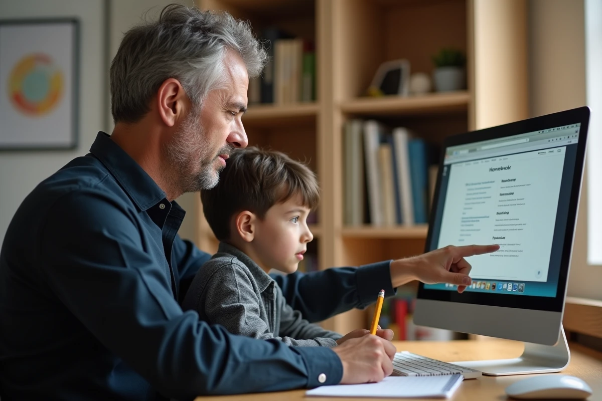 Père séparé aidant son fils à consulter les devoirs sur l'ENT depuis leur domicile