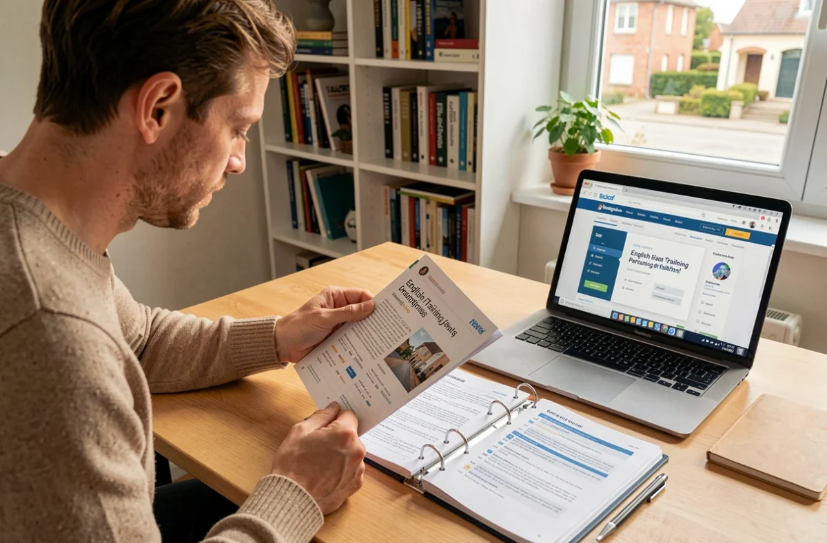 Adulte consultant le catalogue de formations en anglais de Perf8 English sur son bureau à domicile