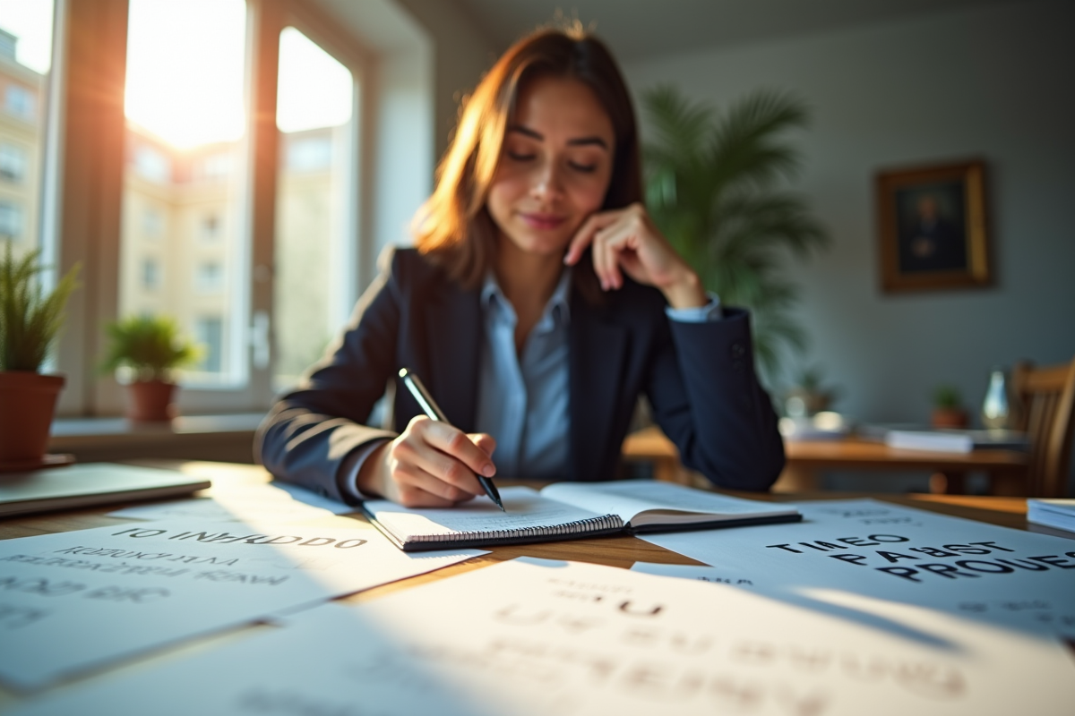Personne assise à un bureau contemporain avec notes manuscrites et lumière naturelle