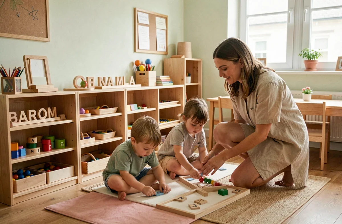 Classe Montessori bilingue de la Petite École Bilingue à Gargenville avec des enfants travaillant sur des tapis et une éducatrice bienveillante