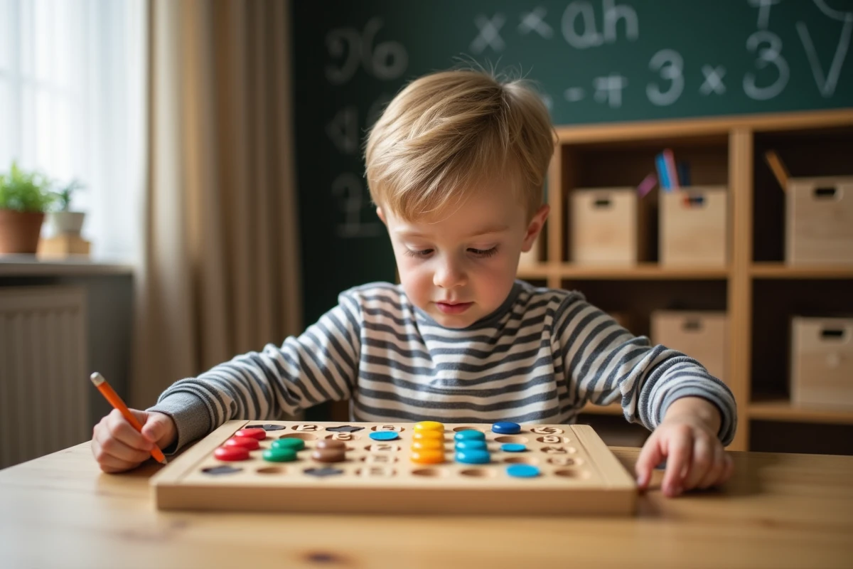 Garçon concentré utilisant un plateau Montessori de multiplication avec perles colorées à son bureau