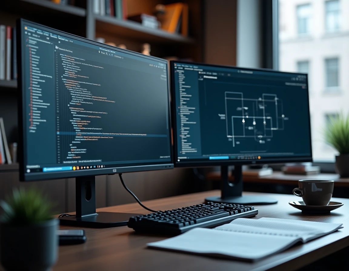 Poste de travail d'ingénieur en automatisme avec code d'inversion matricielle sur écran et schéma de contrôle en boucle fermée