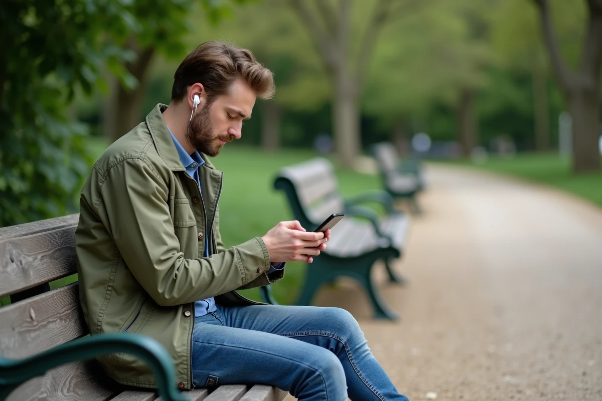 Homme se préparant au code de la route via une application mobile en extérieur dans un parc