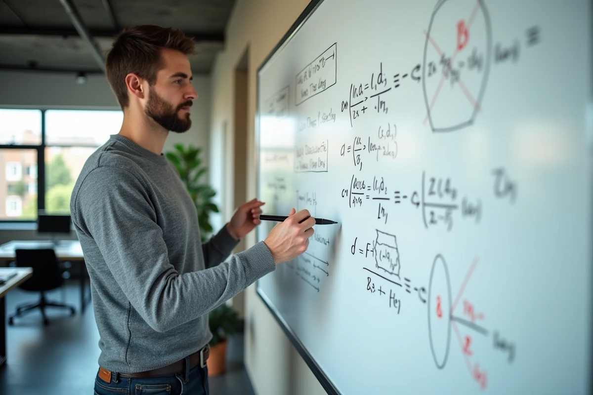 Candidat en réorientation professionnelle travaillant des équations mathématiques pour préparer le concours du master El Karoui