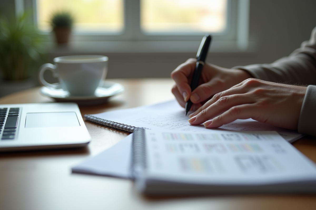 Main prenant des notes avec un guide HR et un ordinateur portable