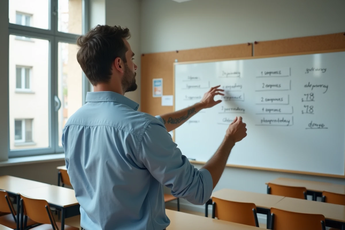 Professeur de français expliquant la conjugaison du verbe rejoindre au passé simple devant un tableau blanc dans une salle de classe