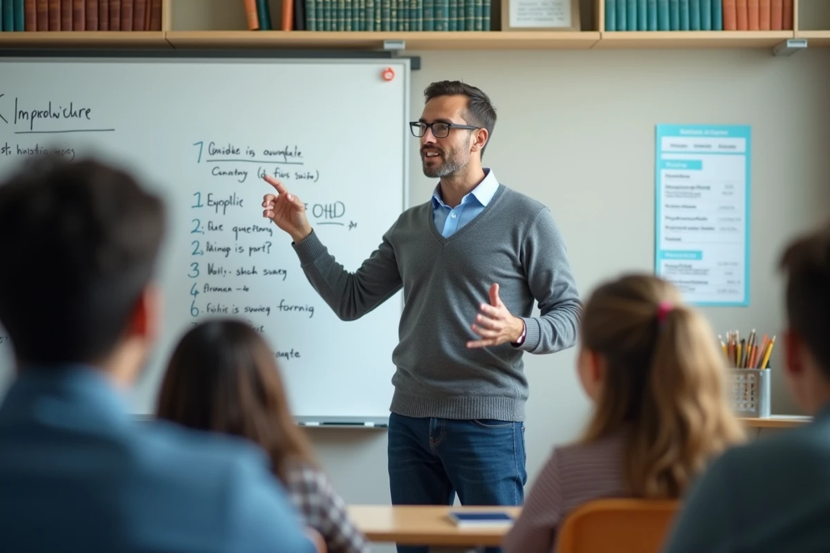 Professeur expliquant les verbes impératifs en classe