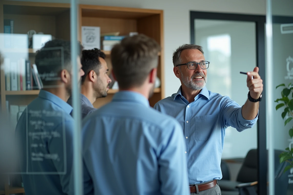 Professeur expliquant des diagrammes en r&eacute;union