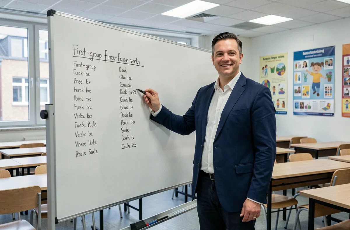 Professeur de FLE présentant une liste de verbes du premier groupe au tableau dans une salle de classe moderne