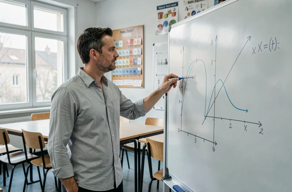 Professeur de mathématiques au tableau expliquant la notion de fonction réciproque avec des courbes en lycée